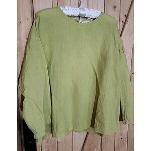 Eileen Fisher Petite Small Green Organic Linen Blouse Top Pockets Minimalist